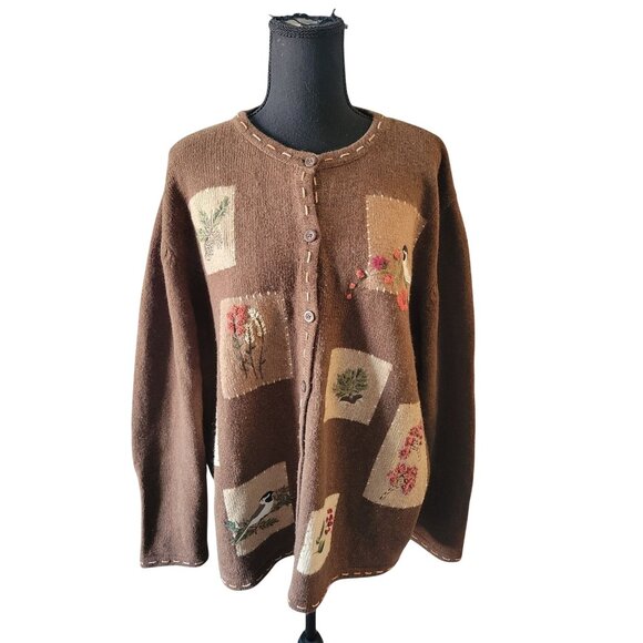 Croft & Barrow patchwork cardigan sweater featuring embroidered nature scenes 2X - Picture 2 of 14